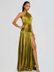 Metallic Olive Green Halter Backless Waist-Cinched Slit Pleated Gown