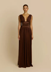 Deep V Open Back Sash Waist Chiffon Maxi Evening Dress