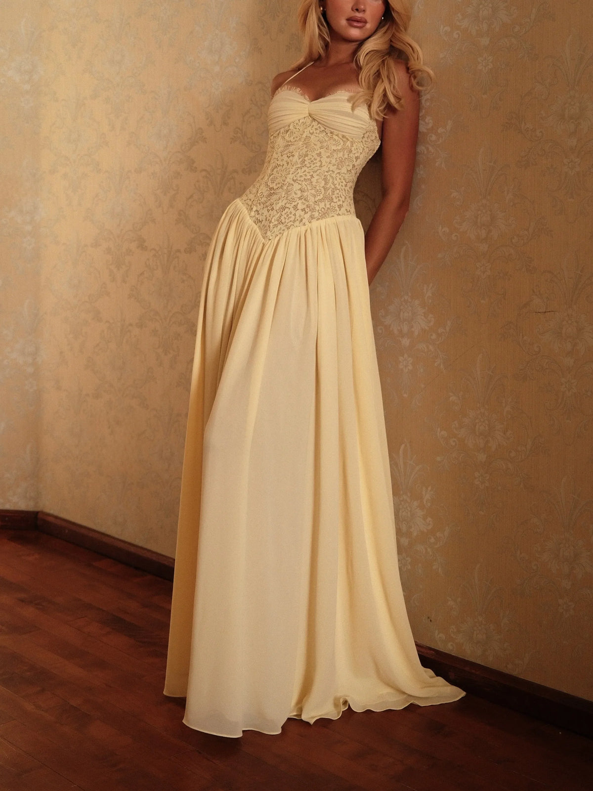 Women Thin Spaghetti Strap Eyelash Lace Corset Bodice Lace Up Back Chiffon Flowy Maxi Dress