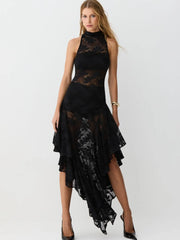 Black Lace Sheer High Neck Sleeveless Asymmetric Hem Midi Dress
