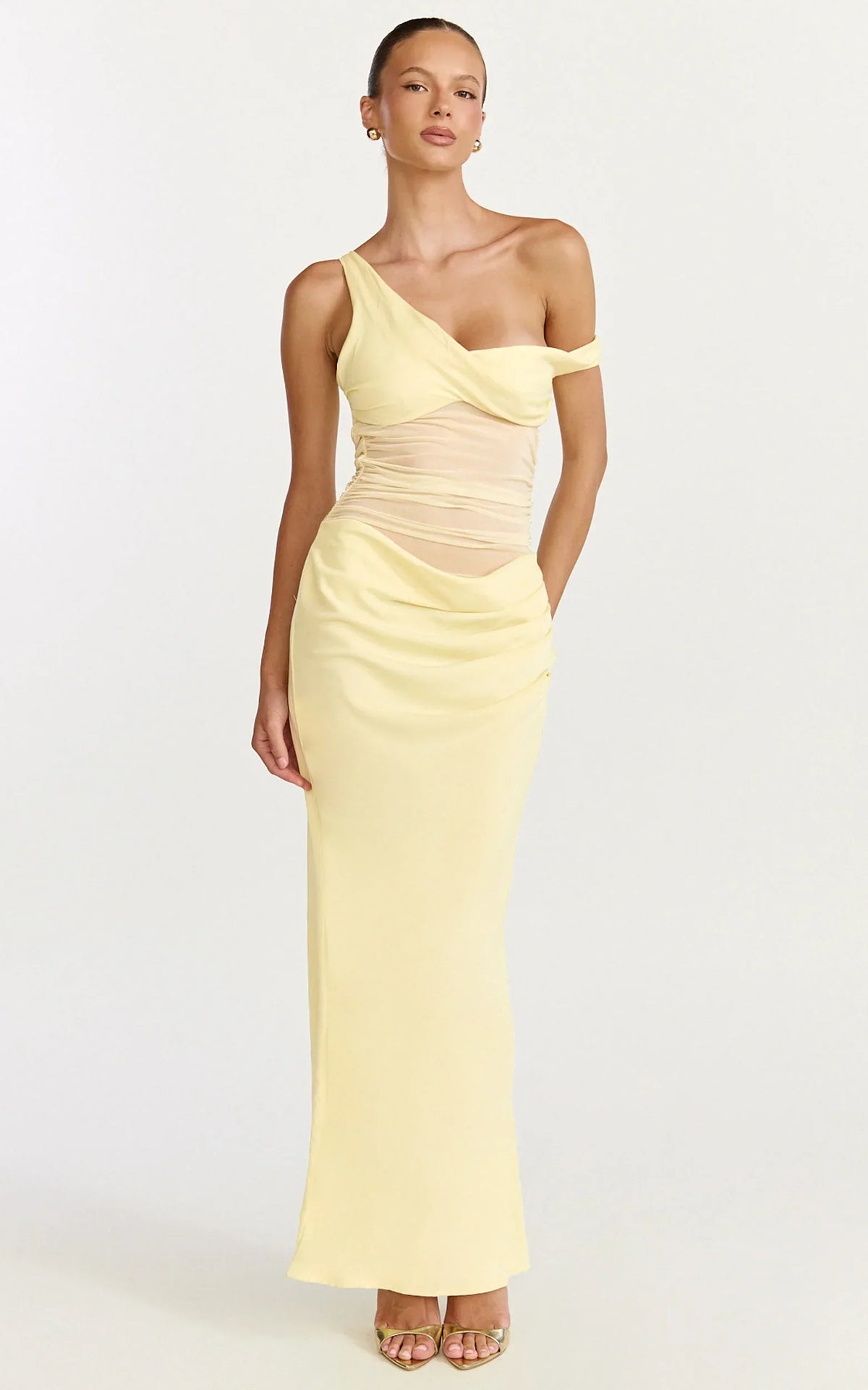Pale Yellow Asymmetric Off-Shoulder Mesh Ruched Maxi Dress
