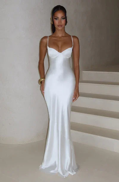 Coral Orange & Caramel Brown Satin Spaghetti Strap Bustier Lace-Up Backless Mermaid Maxi Dress