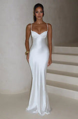 Coral Orange & Caramel Brown Satin Spaghetti Strap Bustier Lace-Up Backless Mermaid Maxi Dress