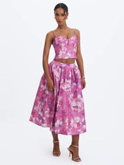 Pink Watercolor Floral Print Cami Crop Top & Midi Skirt Two-Piece Set