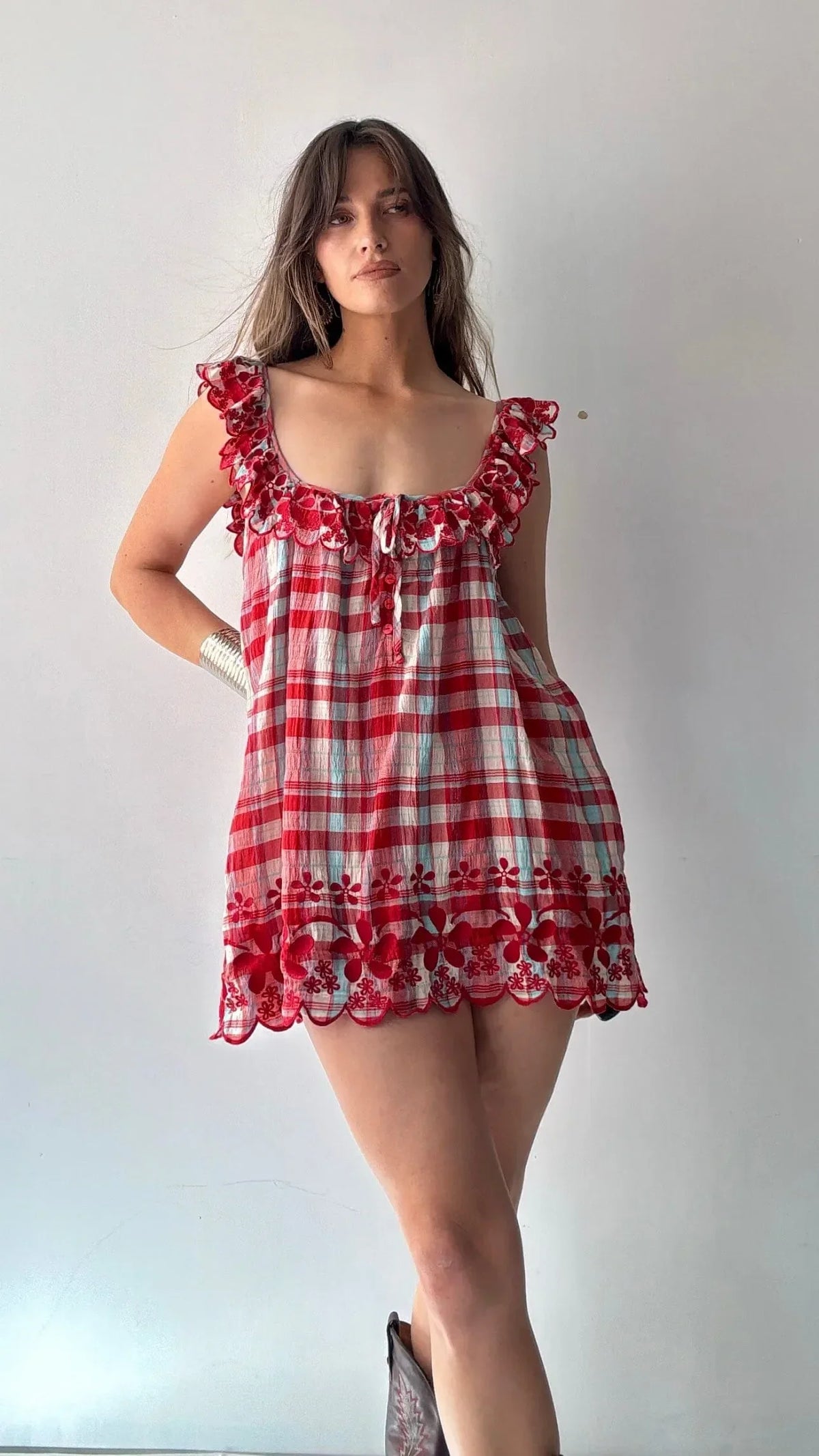 Red & White Plaid Embroidered Ruffle Mini Dress