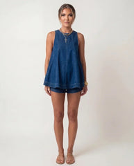 Denim Sleeveless A-Line Top & Shorts Set
