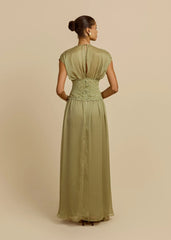 Deep V Lace Waistband Slit Maxi Chiffon Evening Dress