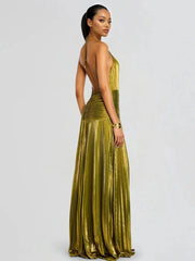 Metallic Olive Green Halter Backless Waist-Cinched Slit Pleated Gown