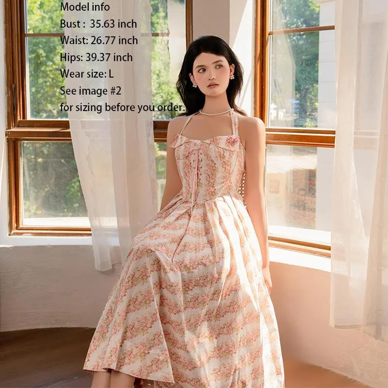Pink & White Gingham Floral Lace-Up Flared Midi Dress