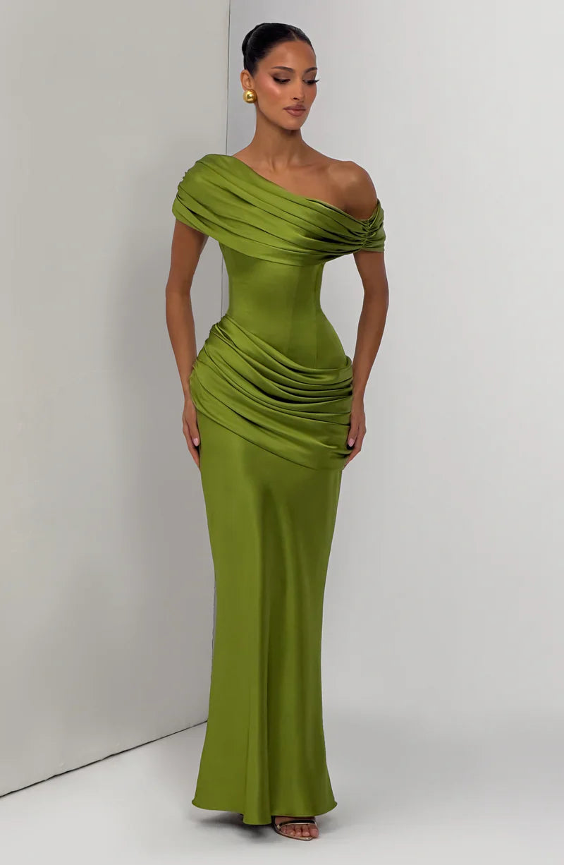 Asymmetric Draped Off Shoulder Maxi Dress
