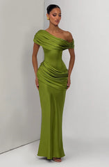 Asymmetric Draped Off Shoulder Maxi Dress