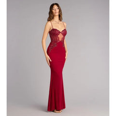 Burgundy Spaghetti Strap Beaded Lace Mesh Mermaid Maxi Dress