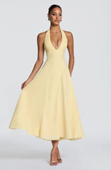Halter Deep V-Neck Ruched A-Line Midi Dress