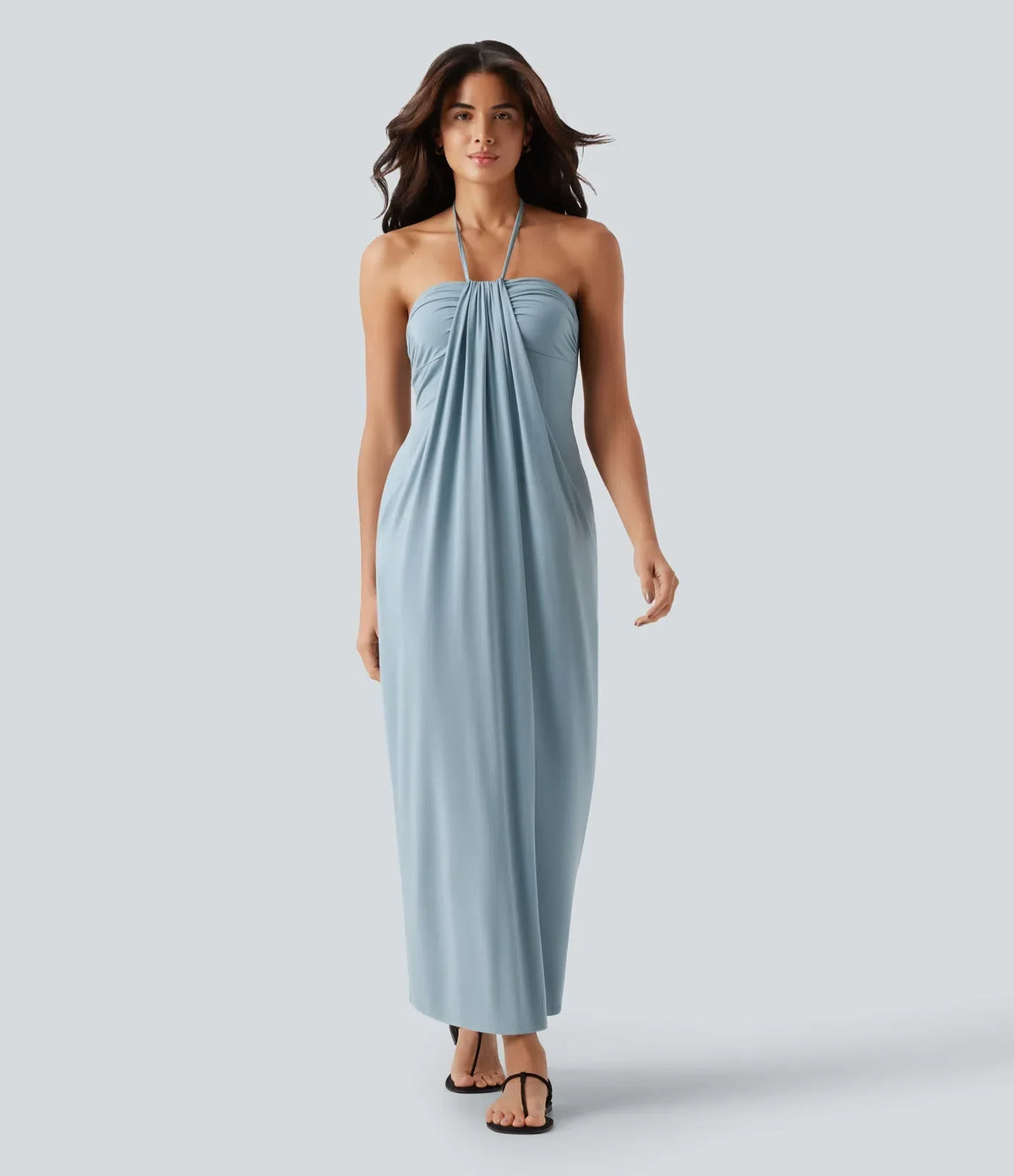 Light Blue Halter Bandeau Draped Maxi Dress with Pockets