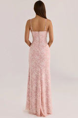 Light Pink Floral Flocked Mesh Spaghetti Strap High Slit Mermaid Maxi Evening Dress