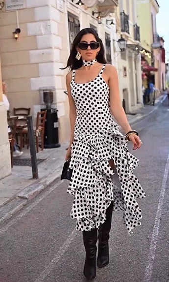 Polka Dot Spaghetti Strap Tiered Ruffle Asymmetrical Maxi Dress