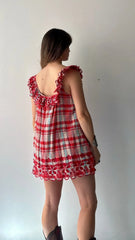 Red & White Plaid Embroidered Ruffle Mini Dress