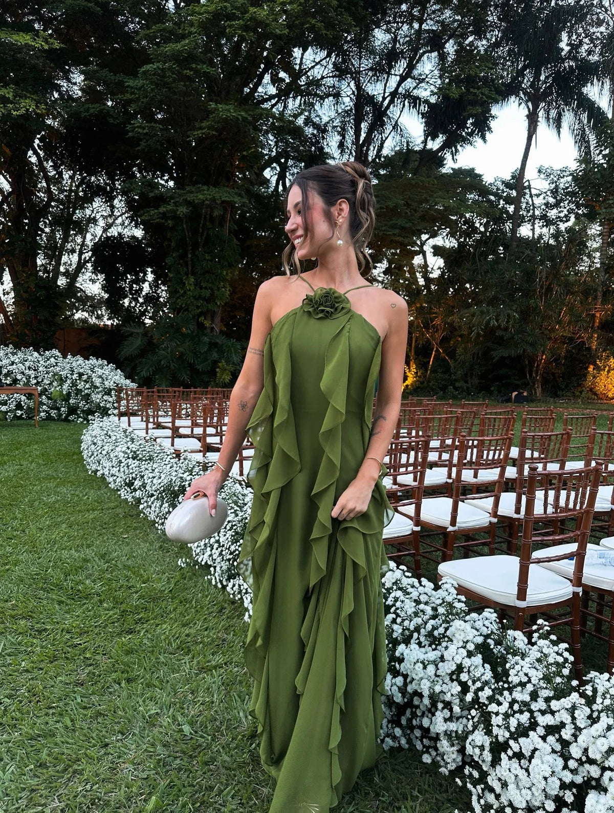 Halter Neck 3D Flower Tiered Ruffle Chiffon Maxi Gown