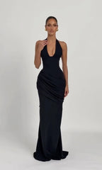 Halter Deep V Ruched Mermaid Maxi Dress | French Elegant Formal Evening Gown