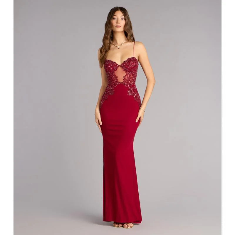 Burgundy Spaghetti Strap Beaded Lace Mesh Mermaid Maxi Dress