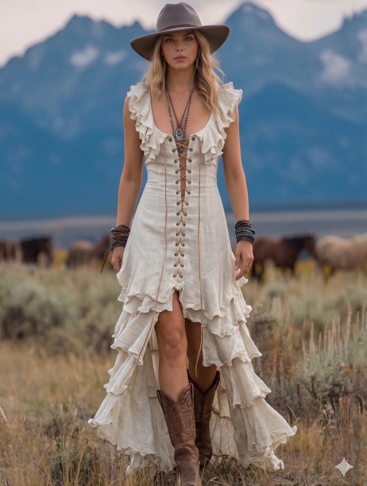 V Neck Lace Up Ruffle Front Split Irregular Bohemian Linen Maxi Dress