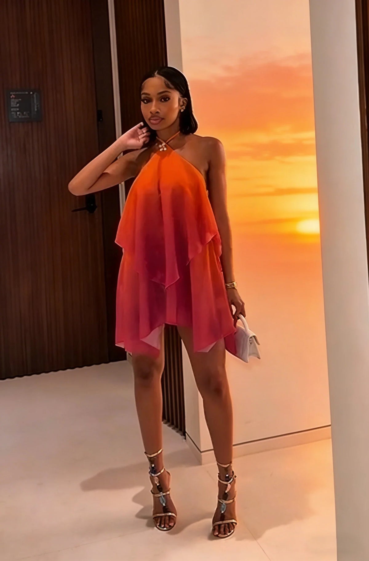 Sunset Gradient Halter Layered Mini Dress | Vacation Style Backless Chiffon Dress