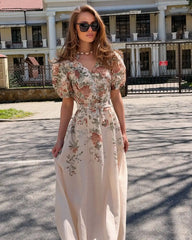Vintage Floral Puff Sleeve Waist-Tied Midi Dress