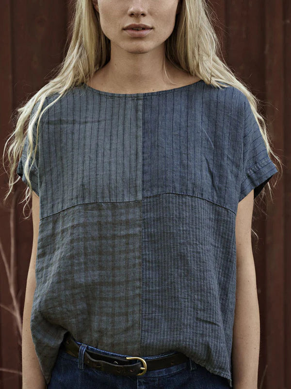 Striped Round Neck Cotton Linen Women's Short Sleeve