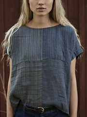Striped Round Neck Cotton Linen Women's Short Sleeve
