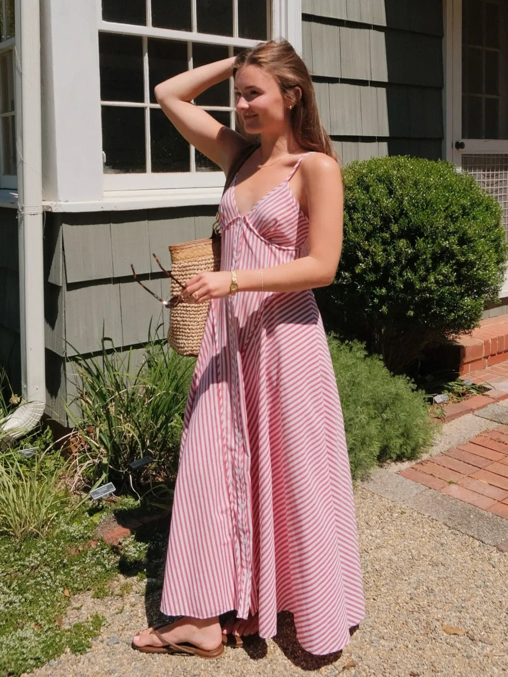 Red & White Striped V-Neck Cami Waisted Maxi Dress