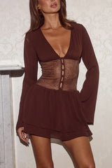 Deep Brown V-Neck Lace-Waist Long Sleeve Ruffle Mini Dress
