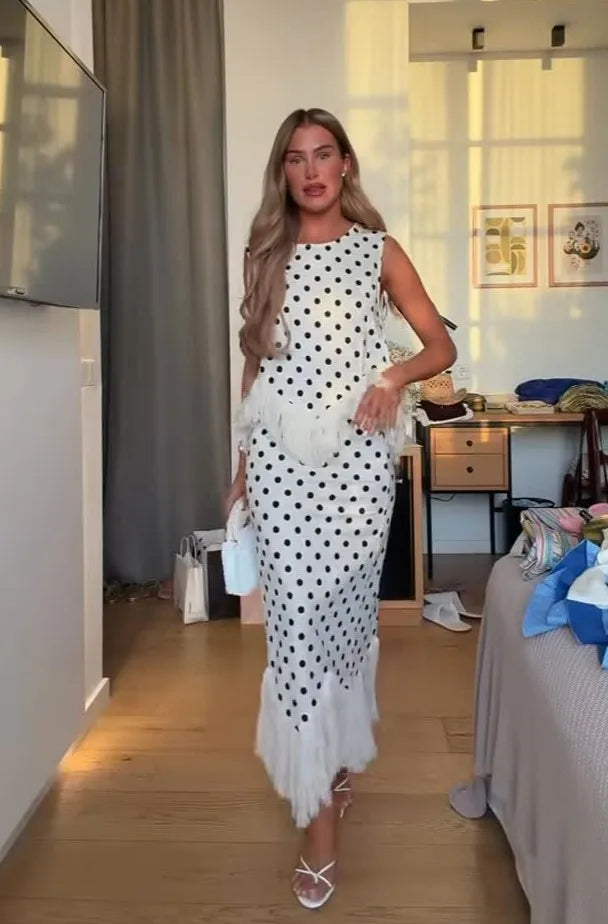 White Polka Dot Fringe Sleeveless Top & Midi Skirt Set