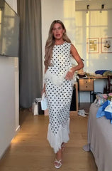 White Polka Dot Fringe Sleeveless Top & Midi Skirt Set