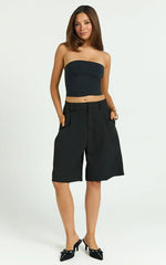 Nola Shorts - Mid Waist Bermuda Relaxed Fit Shorts in Black