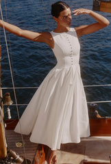 White Sleeveless Button-Front Cinched-Waist Flared Midi Dress