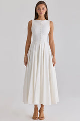 White Sleeveless Button-Front Cinched-Waist Flared Midi Dress