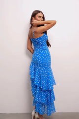 French Vintage Polka Dot Cami Waist-Cinching Asymmetric Ruffle Mermaid Maxi Dress