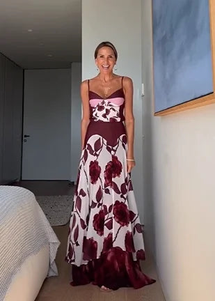 Burgundy Rose Print Spaghetti Strap Maxi Dress | Retro Vibes Vacation Chiffon Dress