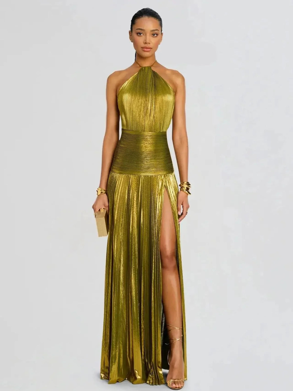 Metallic Olive Green Halter Backless Waist-Cinched Slit Pleated Gown