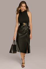 MOCK NECK TOP WITH FAUX LEATHER SKIRT DRESS