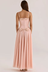 Light Pink Lace Trim Beaded Slit Cami Maxi Prom Dress