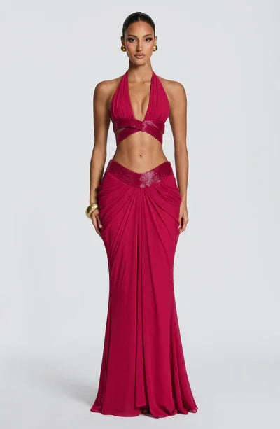 Women's Backless Cutout Short Top and Pleated Mermaid Long Skirt Two-Piece Chiffon Set