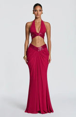 Women's Backless Cutout Short Top and Pleated Mermaid Long Skirt Two-Piece Chiffon Set