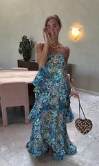 Floral Print Spaghetti Strap Tiered Ruffle Maxi Dress