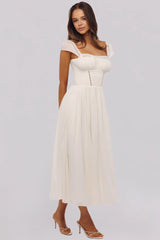 White Square Neck Lace Trim Back Bow Tie A-Line Midi Dress