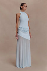 Light Blue Halter Neck Waist-Cinched Asymmetrical Chiffon Maxi Dress | Luxury Elegant Evening Gown