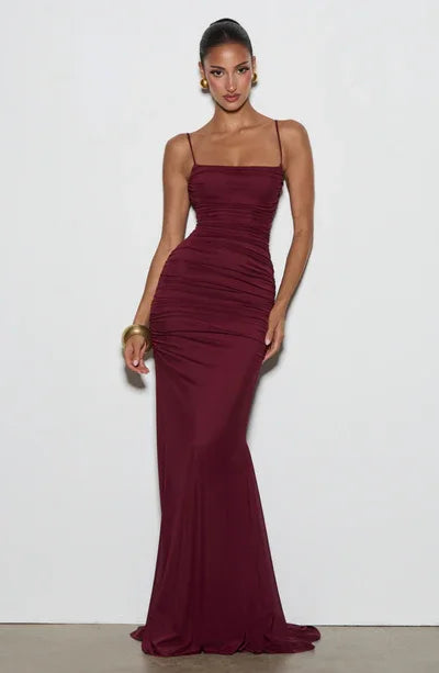 Spaghetti Strap Ruched Lace-Up Back Mermaid Gown