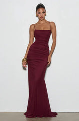 Spaghetti Strap Ruched Lace-Up Back Mermaid Gown