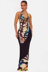 Butterfly Print Halter Lace-Up Open Back Bodycon Maxi Dress