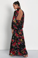 Graceful Arrival Black Floral Burnout Backless Maxi Dress